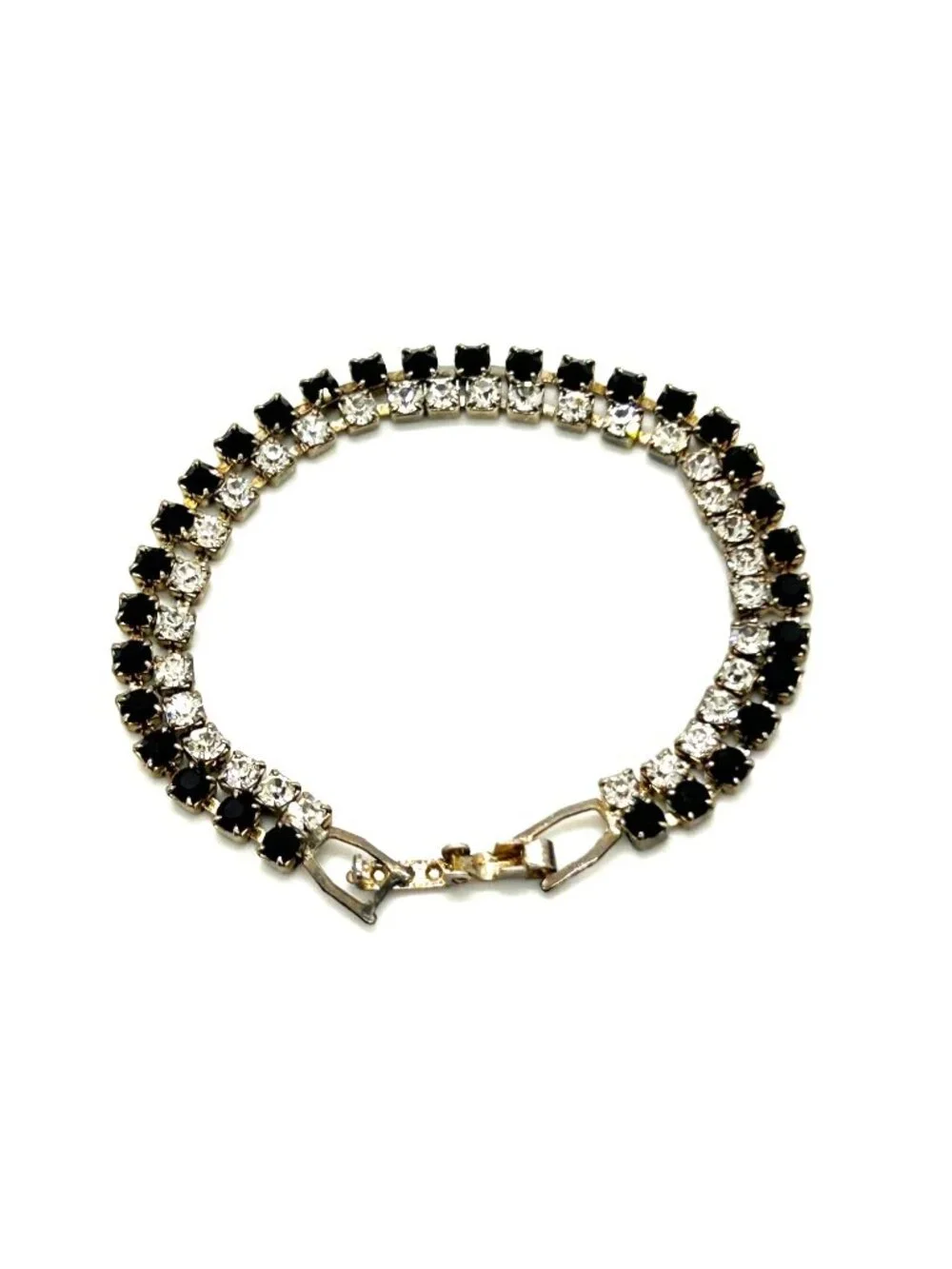 Vintage Tennis Bracelet With Black & Clear Rhinestones Silver Tone 6.5 Inches Lo - Picture 4 of 11